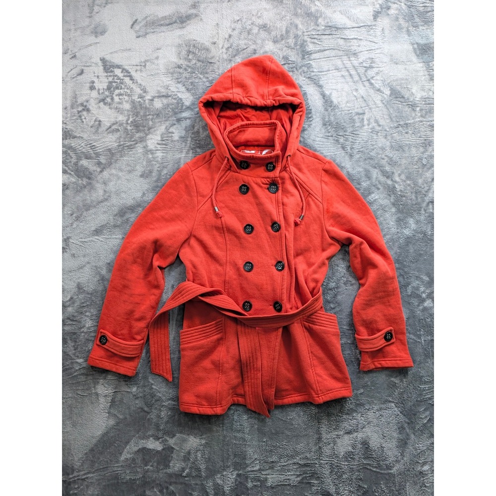 Sebby Orange Fleece Pea Coat Hooded Double Breasted Belted Jacket Womens Medium
